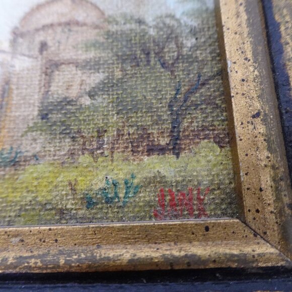 Vintage Miniature Oil Painting Landscape Church Gold Frame Signed Original - Picture 8 of 9